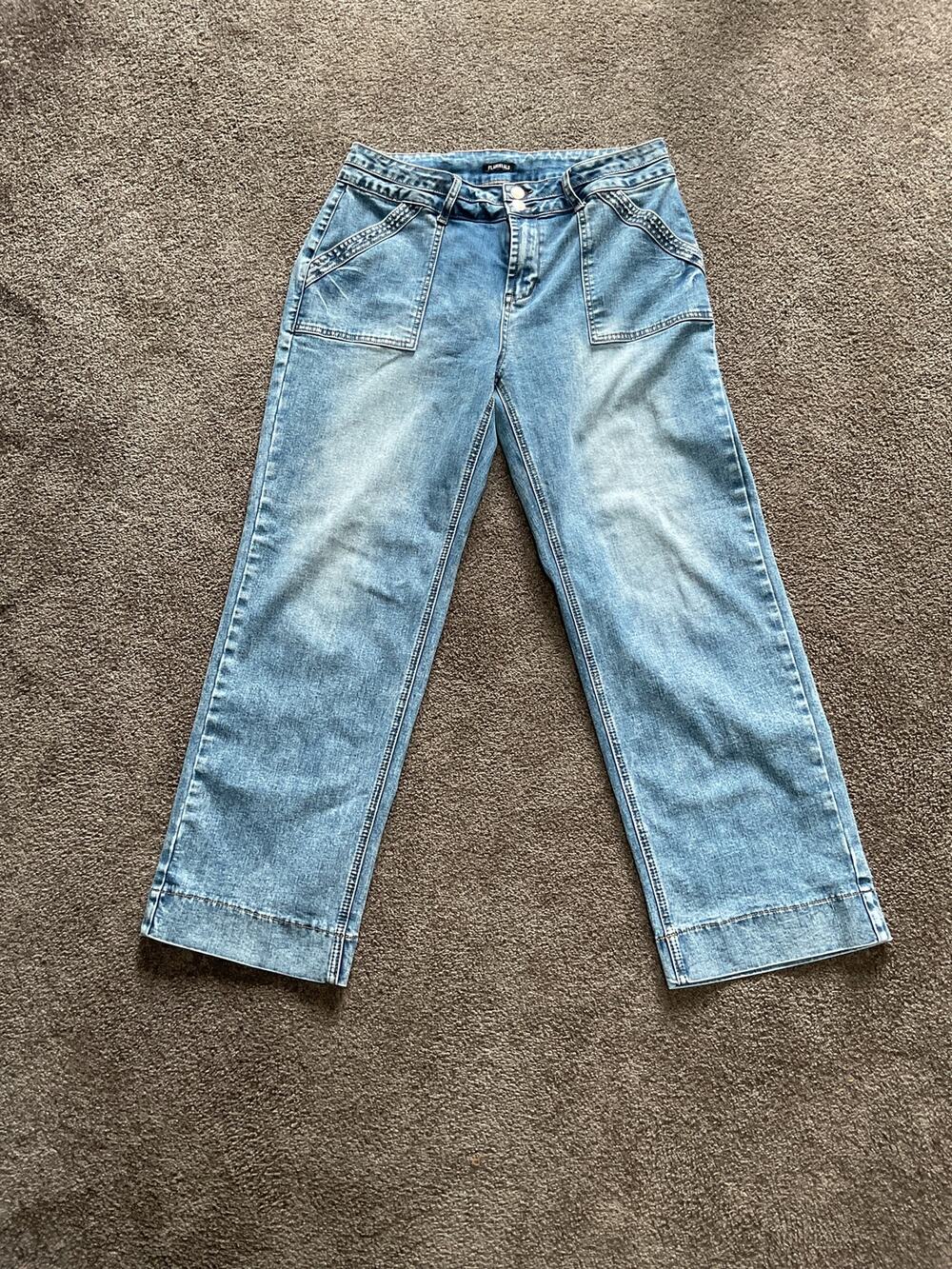 Flamingals Light Wash Wide Leg Denim Jeans Front Patch Pockets Contrast Waist XL